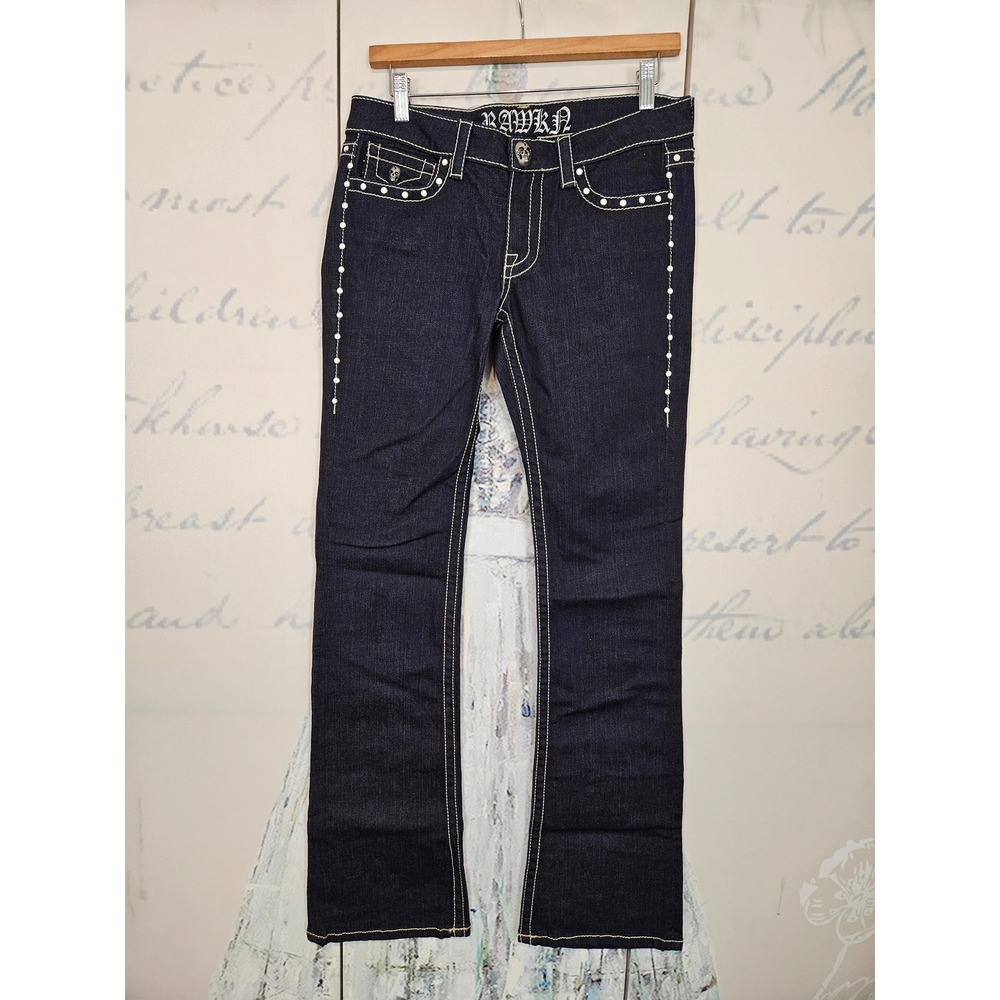 Rawkn Womens Dark Wash Studded Skull‎ Lightning Bolt Straight Leg Jeans Size 28